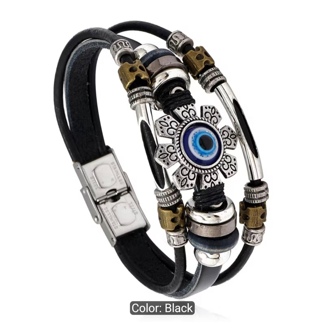 Evil Eye Protection Bracelet | Boho Leather Wrap Bracelet | Spiritual Jewelry | Unisex Mystic Accessory